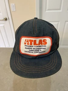 Vintage Atlas Machinery Hat Cap Snapback Blue Denim 90s Patch Spell Out USA - Picture 1 of 8