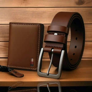 Conjunto de regalo de cinturón y billetera de cuero genuino marrón para hombre - Accesorios de vestir informales - Imagen 1 de 3