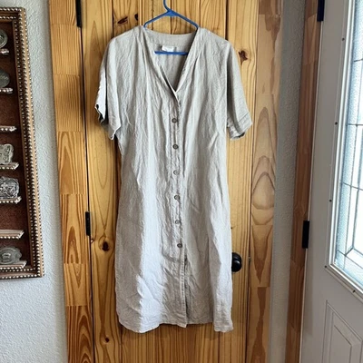 Linen Handmade Studio Khaki Deep V Neck Linen Midi Dress Sicily  Size M - Image 1 of 4