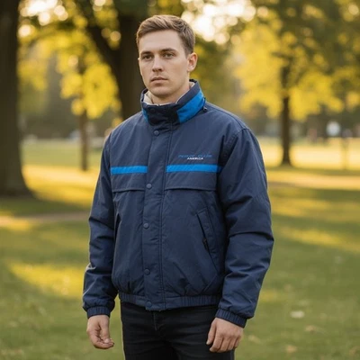 Vintage Perry Ellis America Blue Stripe Puffer Jacket Size L Hooded Winter New - Image 1 of 4