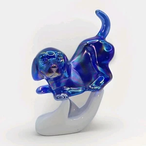 Cane in vetro blu cobalto iridescente Fenton vintage anni 90 3,5"L • Firmato - Foto 1 di 12