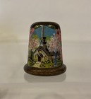 Stunning Hand Painted Vintage Wood Thimble Church Landscape Signed Trish 1986