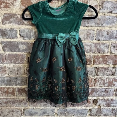 Nanette Kids Party Pageant Holiday Dress Green Velvet Black Tulle Gold Flowers 4 - Image 1 of 4