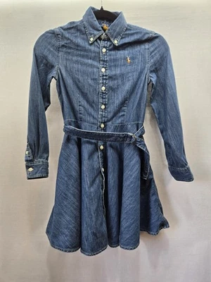 Camisa Ralph Lauren Niñas Cinturón Algodón Denim Azul Índigo Talla 8 Preppy Escuela Foto 1 de 4