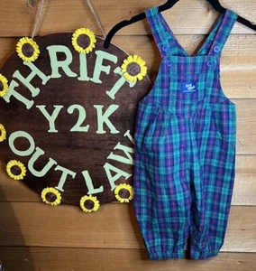 Vintage Osh Kosh Baby Gosh Plaid Kids Overalls USA Paper Tag Cotton 18m Pleated - Picture 1 of 9