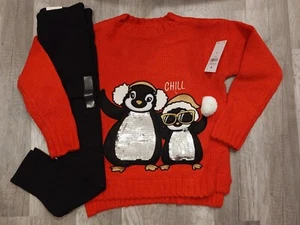 NWT Justice Girls Outfit Sequin Penguin Sweater/Black Leggings Size 6 - Picture 1 of 1