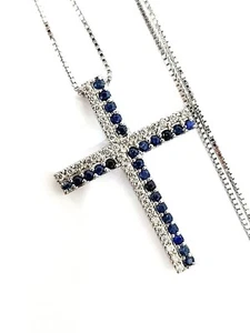 Collana e pendente croce in Oro Bianco con Diamanti e Zaffiri blu - 18 kt (750) - Imagen 1 de 10
