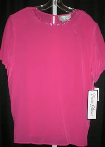 DIANE GILMAN SEQUIN 100% SILK HOT PINK SHORT SLEEVE TOP LARGE NWT - Picture 1 of 3
