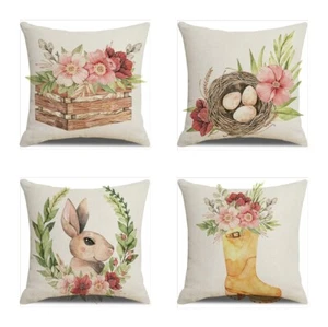 Rabbit Easter Pillow Cover 18x18 Set of 4 Buuny Eggs Flowers Spring Cushion Case - Picture 1 of 10