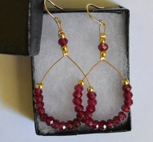 Beautiful Natural Faceted Red Ruby Yellow Gold Dangle Drop Earrings Handmade - Picture 1 of 4