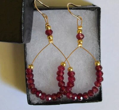 Beautiful Natural Faceted Red Ruby Yellow Gold Dangle Drop Earrings Handmade - Image 1 of 4