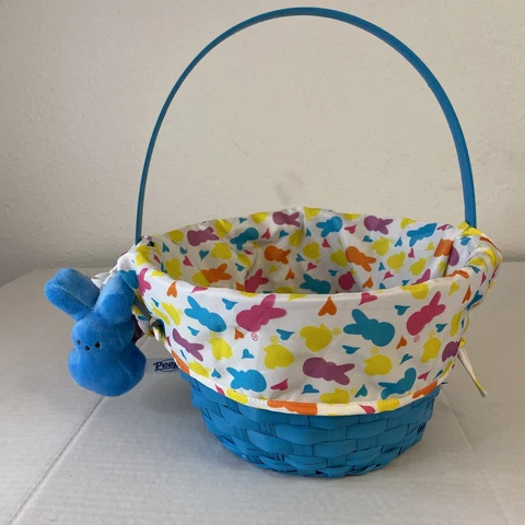 Peeps Woven blue Easter Basket with removable liner and a blue Peep Keychain Cover