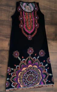 AB Studio Boho Maxi Dress Black Orange Pink Ethnic Scoop Neckline Sleeveless XL - Picture 1 of 6