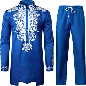 Afrikanisches Herren-Outfit, Langarm-Dashiki Mit Goldfarbenem Druck Und Hose, Tr - Bild 1 von 7