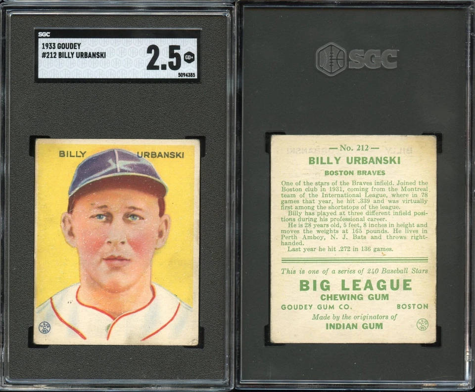 1933 Goudey #212 Billy Urbanski ~~ SGC 2.5 ~~ Boston Braves - Image 1 of 1