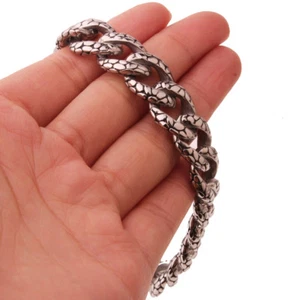 Fashion Mens Stainless Steel Bracelet Cuban Carved Curb Link Chain Bangle Silver - Picture 1 of 5