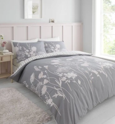 Catherine Lansfield Meadowsweet Floral Easy Care Duvet Cover Bed Set Grey/Pink