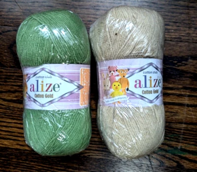Lot of 2 ALIZE COTTON GOLD YARN 55% Cotton 45% Acrylic 100g 329m Beige, Green -2 - Image 1 of 3