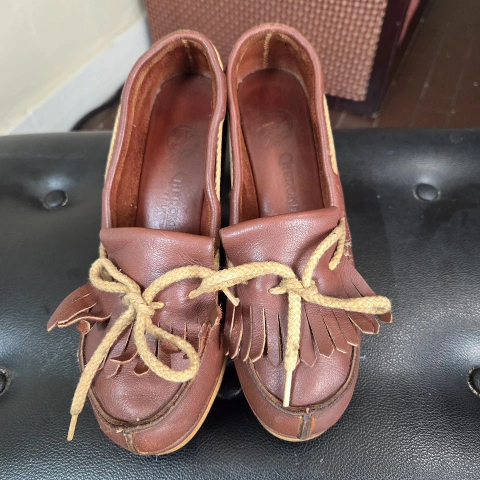 Zapatos Mocasín Cuña Cuero Marrón Cherokee Vintage Años 70 Flecos Boho 7.5 Foto 1 de 4