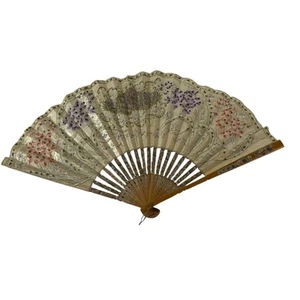 Ventaglio a mano vintage 9 pollici asiatico ornato costole di bambù decorazione dipinta - Foto 1 di 7