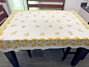 Linen Table Cloth, White with Flowers 64" x 94" - Picture 1 of 4