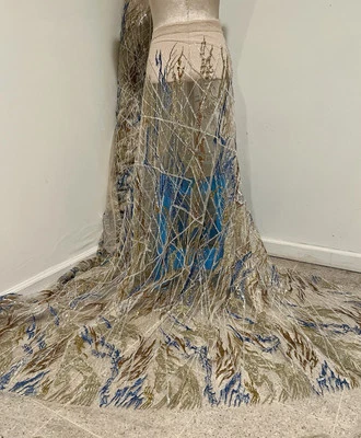 Gold Silver Blue Brown Beaded Glitter Fabric 50” Wide Sold By Yard - Image 1 of 4