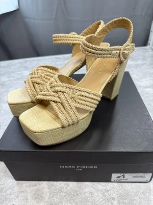 Sandálias plataforma xadrez Marc Fisher LTD sapatos femininos tamanho 9,5 natural claro - Imagem 1 de 4