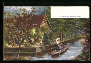 Künstler-AK Lübbenau, Kahnpartie vor dem Gasthof zum fröhlichen Hecht - Picture 1 of 2