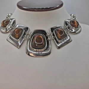 Collar Vintage Grueso Tono Plata Vidrio Ámbar Firmado 15-17" - Imagen 1 de 14