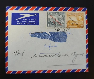 Malta KGVI 1947 Cover to England 2 self-Government postage stamps 1d and 2d - Image 1 of 4