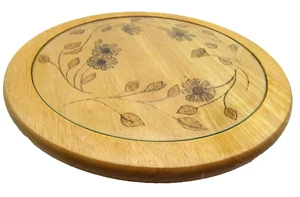 13 3/4" Wooden Lazy Susan Hand Wood Burned Design Organizer for Table Glass Top - Picture 1 of 2