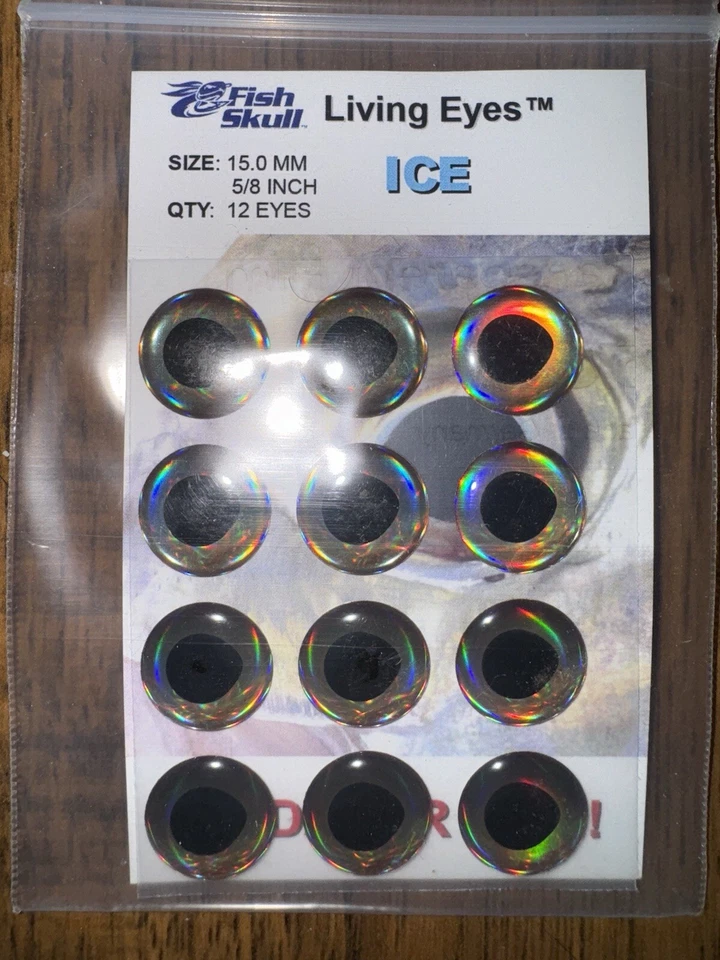 Calavera de pez ojos vivos ojos atados de moscas - paquete único (15 mm) ICE; 12 ojos en paquete Foto 1 de 1
