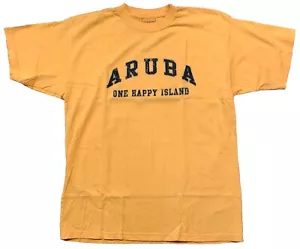 Aruba One Happy Island Caribbean Islands Vacation T-Shirt Size Medium Yellow - Picture 1 of 6