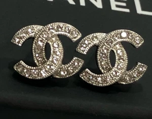 CHANEL Earrings AUTH Chain Logo Coco Mark Vintage GP Silver Rhinestone CC Ken FS - Picture 1 of 10