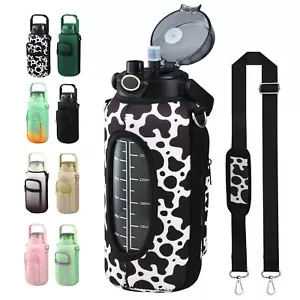 Half Gallon 64oz Glass Water Bottle With Straw And Storage Sleeve Motivational W - Picture 1 of 6