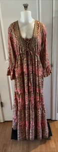 Vestido Boemo Anthropologie Talla 2X Rosa Paisley Maxi Boho En Niveles Corpiño con Cordones - Imagen 1 de 14