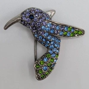 Monet Kolibri Brosche bunt lila blau grün Strass silberfarben  - Bild 1 von 14