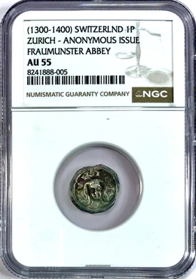 1300-1400 Zurich SWITZERLAND Fraumunster Abbey Medieval 1P Silver Coin NGC AU55 - Image 1 of 4