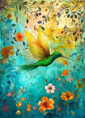 Hummingbird Aceo - 3.5x2.5 Artist Trading Card, Miniature Art Teal Colors - Image 1 of 3