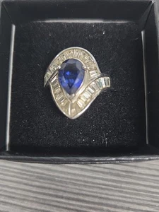 Estate 925 Sterling Silver Sapphire & CZ Ring SZ: 8 MARKS 925 DOCZ QVC - Picture 1 of 3
