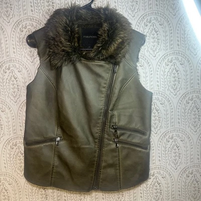 Maurices Womens Olive Faux Leather Fur Lined Moto Vest Size L - Image 1 of 4