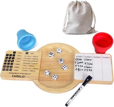 Farkle Dice Tray Set Classic Game Oak Wood Tray with Cups/Dice/Erasable Marker - Image 1 of 4