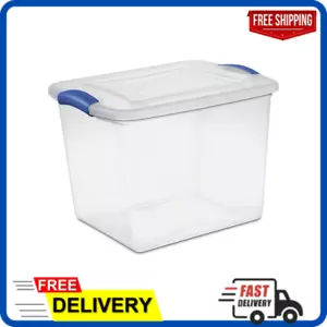 Stackable Plastic Tote Box Storage Containers Bin 27 Qt, Blue Latches - Picture 1 of 12
