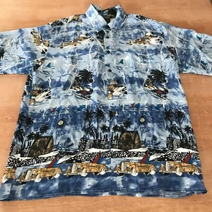Hawaiian 100% Silk Company Shirt Men L Blue Floral Tropical Button Up Pocket - Picture 1 of 12