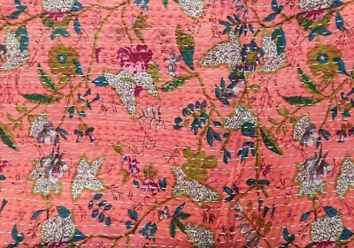 Indian Handmade Cotton Vintage Leaf Print Kantha Quilt Bedspread Orange Blanket - Image 1 of 4