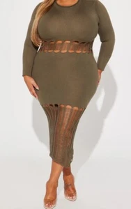 Übergröße leichtes olives mittleres und unteres Netz Mock Ausschnitt dehnbarer Pulloverkleid - Bild 1 von 3
