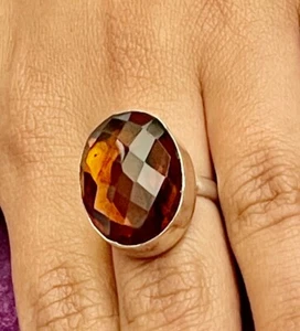 GROSSER FACETTIERTER COGNAC QUARTZSTEINRING - NEU - 925 SILBER - GRÖSSE 6 - Bild 1 von 4