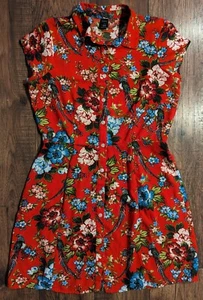 City Streets Women's Red Floral w/ Birds Shirt Dress Size Large - Unique Print  - Picture 1 of 17