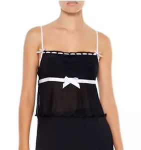 NEW FOREVER 21 Black Camisole Top Delicate LACE Trim Tank Top Bow Semi Sheer L - Picture 1 of 17