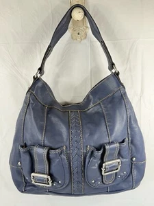 Tignanello Blue Leather Silver Hardware Magnetic Closure Satchel Tote Purse - Picture 1 of 19